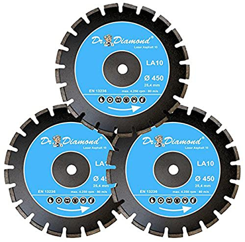 DR. DIAMOND | Diamanttrennscheibe Laser Asphalt mit 10 mm Diamant Segment für abrasive Materialien wie Asphalt, Frisch- und Gasbeton | Ø 450 mm (450 x 25,4 mm | 3 Stück)