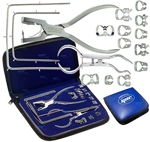 YNR 16pcs Professional Dental Rubber Dam Kit – Ainsworth Punch, Brewer Clamp Forceps, Frame & Winged/Wingless Clamps – German Stainless Steel – CE Certified