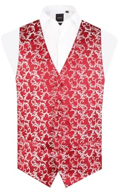 Dobell Mens Red/Silver Waistcoat Regular Fit 5 Button Edwardian Swirl Jacquard Pattern-M (38-40in)