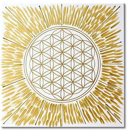 Wandbild Blume des Lebens in Gold Licht - HANDGEMALT - Größe 50x50 cm - Lebensblume in GOLD mit Acrylfarbe gemalt - Leinwandbild auf viereckigen Keilrahmen gespannt | MADE IN GERMANY