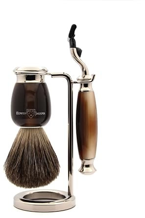 Edwin Jagger S81M582AMZ Imitation Light Horn & Nickel Classic Shaving Set with Pure Badger Shaving Brush and Mach 3 Razor for Shaving Cream or Soap for Men