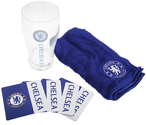 Chelsea FC Official Wordmark Mini Football Bar Set (Pint Glass, Towel & Beer Mats) (One Size) (Blue/White)