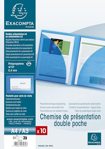 Exacompta 3962E Präsentationshülle aus starkem Kunststoff für DIN A4 mit doppelter Innentasche und Visitenkartenhalter blau ideal für Büro und Schule Aktenhülle