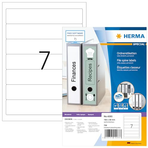 HERMA 4283 Ordnerrücken Etiketten kurz schmal, 100 Blatt, 192 x 38 mm, 7 pro A4 Bogen, 700 Stück, selbstklebend, bedruckbar, blickdicht, blanko Papier Ordneretiketten Rückenschilder Aufkleber, weiß