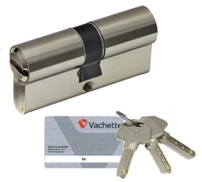 Vachette V6 - Cylindre de Serrure 30x40 mm Nickelé, 6 Goupilles, Cylindre de sécurité - Portes intérieures, Portes extérieures, 4 Clés réversibles