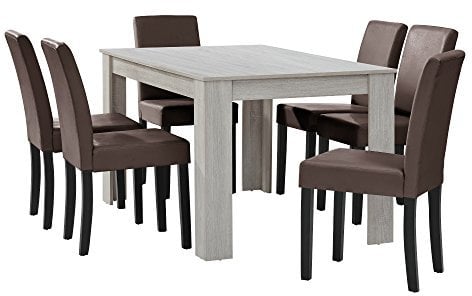 [en.casa] Esstisch Eiche weiß mit 6 Stühlen braun Kunstleder gepolstert 140x90 Essgruppe Esszimmer