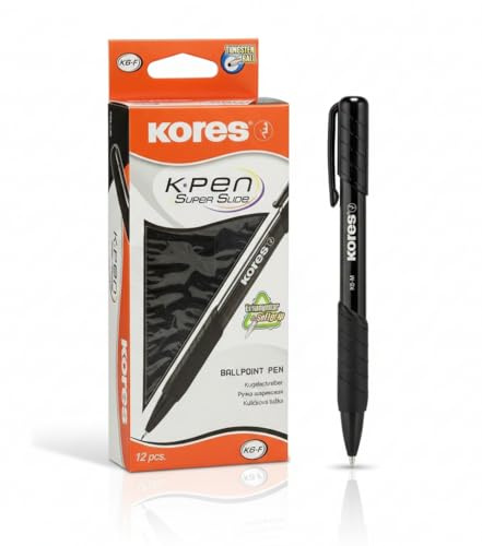 Kores 38621 - K6: Schwarzer Druckkugelschreiber, 0,7 mm Fine Point Biro mit wischfester Tinte für flüssiges Schreiben, Softgrip, Schul- und Bürobedarf, 12er-Pack