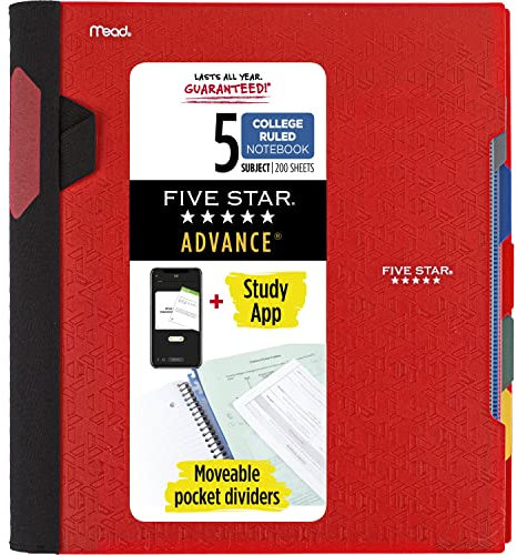 Five Star modernes Spiralen-Notizbuch, 5 Fächer, mittelbreites, liniertes Papier, 2 Blatt, Farbe wird variieren (6326) 1 Packung rot