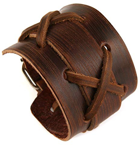 HZMAN Braun Lederarmband für Herren verstellbares Punk Leder Manschette Armband
