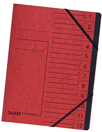 Original Falken Premium Ordnungsmappe. Made in Germany. Aus extra starkem Colorspan-Karton DIN A4 12 Fächer und 2 Gummizüge mit Organisationsdruck rot Ringmappe Register-Mappe
