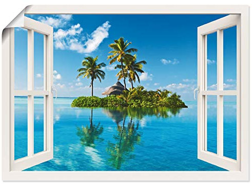 ARTLAND Wanddeko Poster & Kunstdrucke Wandposter 100x70 cm Fensterblick Paradies Insel Palmen Meer T5MZ