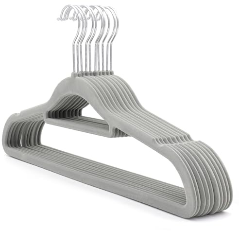 The Hanger Store - 100 Pack Velvet Non-Slip Coat Hangers for Clothes, Grey | Velvet Space Saving Hanger with Trouser Hanger Bar, Non-Slip Velvet Coating and a Chrome Swivel Hook