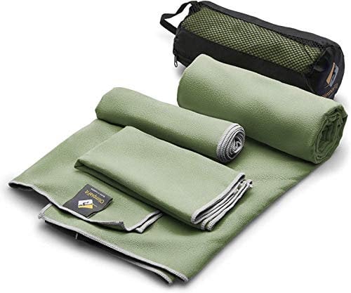 OlimpiaFit Mikrofaser Handtuch Set - 3 saugfähige Handtücher mit Netztasche - Schnelltrocknend, Ultra leicht & kompakt - Camping, Sport, Strand (Khaki)
