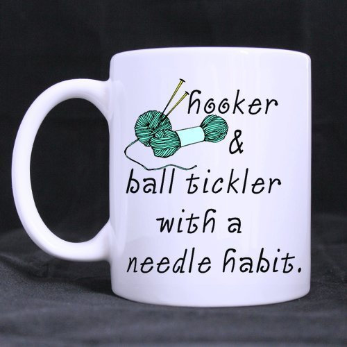 Awesome White Coffee or Tea Mug with Crochet knit needle hook yarn style -11 ounces