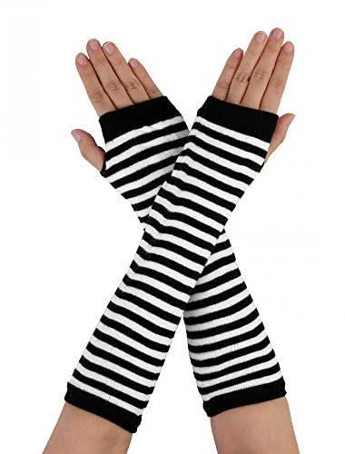 sourcing map Damen Gestrickte Fingerlose Daumenloch Ellenbogenlange Handschuhe mit Streifenmuster 1 Paar Schwarz-Weiss One Size