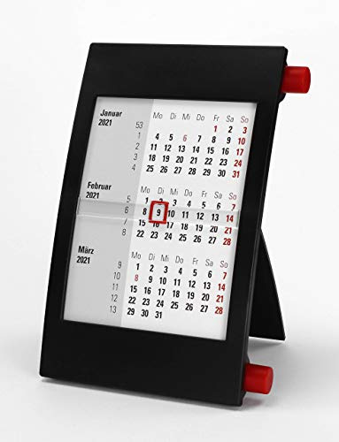 HiCuCo 3-Monats-Tischkalender für 2027 und 2028 - Aufstellkalender - Stehkalender - mit Drehmechanik - TypD2 - Farbvarianten - (Schwarz/Rot)