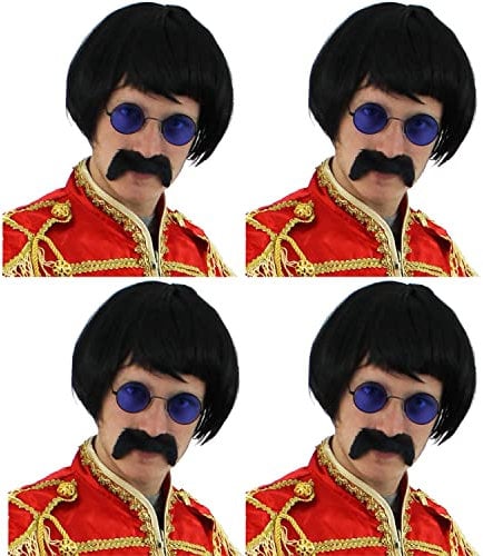 4 X 60S SERGEANT SET BLACK SHORT WIG + COLOURED ROUND GLASSES + BLACK MOUSTACHE CELEBRITY FANCY DRESS INSTANT ACCESSORY KIT 60S POP SERGEANT BOWL CUT