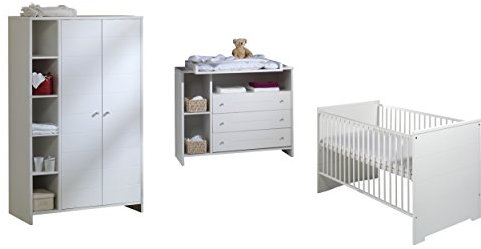 Schardt Kinderzimmer Eco Stripe bestehend aus Kombi-Kinderbett 70x140 cm (inklusive Umbauseiten), Wickelkommode mit Wickelaufsatz und 2-türigem Kleiderschrank
