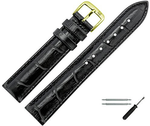MARBURGER Uhrenarmband 18mm Leder Schwarz Gold Alligator Prägung Mit Naht - Montage Set 1431810000220