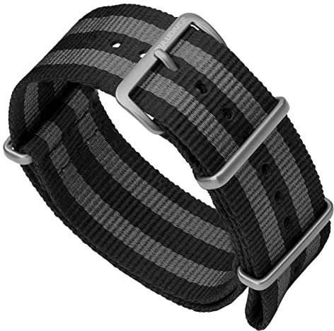 ZULUDIVER Classic Bond 1973 Britisches Militär Kadett. Schwarzes und graues Nylon-Ersatzarmband für Herren. Robustes, schnell trocknendes und sicheres Uhrenarmband. Satin-Schnalle, 24 mm