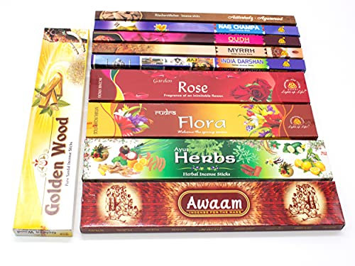 Premium Räucherstäbchen Set XXL, 10 Packungen aus Indien, Incense Sticks, Luxflair Großpackung mit unterschiedlichen Sorten, für extra langes Räuchervergnügen, zur Meditation und Entspannung. Probierset einhaltet Flora Bathi, Agarbatti, Sandelholz, Adlerholz, Oud und weitere indische Räucherstäbchen.