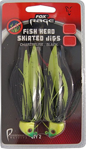 Fox Rage Fish Head Skirted Jigs Jigköpfe Fransen Gummiköder, Farbe:Chartreuse/Black;Gewicht:17g;Größe:4/0