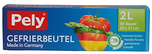 pely 8662 Gefrierbeutel, 2 Liter, 30 BPA-freie, PVC-freie, wiederverwendbare Beutel mit Mehrschicht-Folie, klar, Kopf Falte, Gefriergeeignet