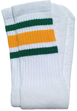 Skater Socks 19 Mid calf White tube socks with Green-Gold stripes style 3 Unisex oldschool retro socks