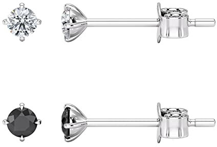 Heather Needham Silver Set of 2 PAIRS Sterling Silver Cubic Zirconia stud Earrings - SIZE: TINY 2mm - Very Small & discreet - Jet Cubic Zirconia & Clear - Gift Boxed Black Earrings. 5549BKZ