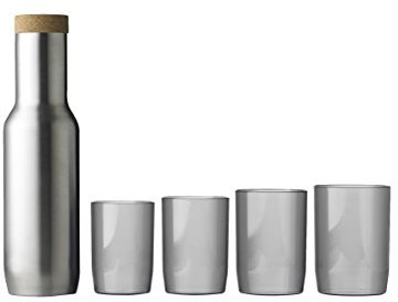 QDO Karaffe gebürsteter Edelstahl 1 Liter mit Korken und 4 Kunststoff-Gläsern
