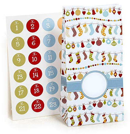 Adventskalender zum Befüllen Nicholas Surprise 24 beschichtete Papiertüten Geschenktüten Weihnachten, Weihnachtskalender Bastelset inkl. Adventszahlen Aufkleber von pajoma