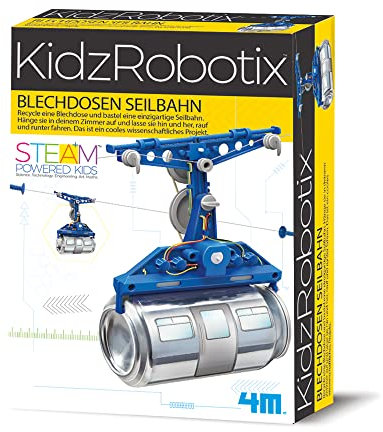 4M Blechdosen Seilbahn KidzRobotix - Konstruktionsbausatz für Kinder ab 8 Jahren - Baue Deine eigene fahrende Seilbahn - Buntes Lernspielzeug