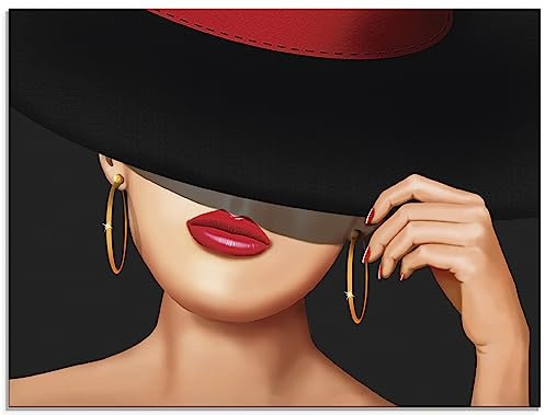 ARTland Wanddeko Glasbilder Wandbild Glas Bild einteilig 80 x 60 cm Elegant Schick Dame Lady Hut Ohrringe Lippen Rot T6FL