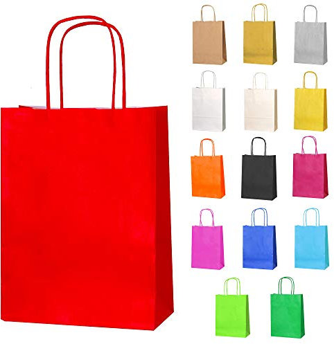 Thepaperbagstore 50 Rouge Sacs-cadeaux en papier avec poignées - 18 x 22 x 8 cm - Sacs-cadeaux colorés pour fêtes d'enfants et d'adultes, anniversaires, mariages, baby showers, enterrements