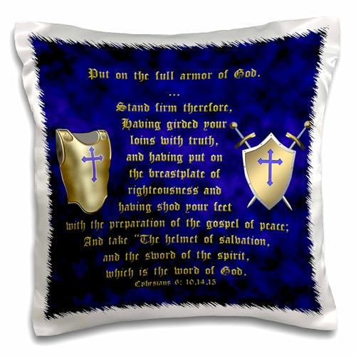 3dRose Epheser 6 Verses 10, 14, 15 auf Full Armor of God illustriert mit Geschirr, Shield, Schwerter 40,6 cm (PC 40072 1), weiß, 40,6 x 40,6 cm Kissen Fall
