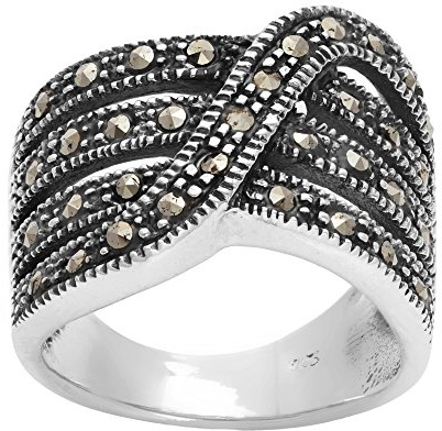 Silverly Markasit-Crossover-Breitbandring in 925 Silber im Vintage-Stil der 1920er Jahre | Mehrschichtiger Ring aus Sterlingsilber für Damen | Modernes Klobiges Multiband-Design