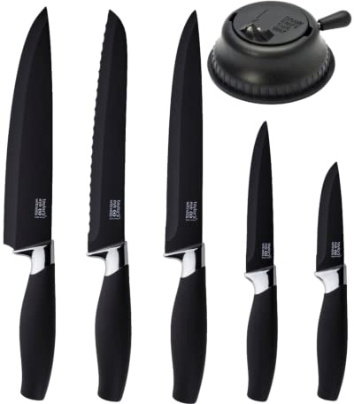 Taylors Eye Witness 5pc Kitchen Knife Gift Set - Brooklyn Chrome Coloured Bolsters, Matching Razor Sharp Jet Black Blades. Soft Grip Handles. 2yr Peace of Mind. Extra Sharpener for Knives