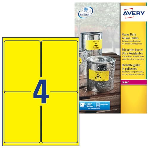 Avery Italia L6127-20 Etichette adesive in poliestere giallo resistenti, 20 fogli A4, rettangolari 9,19x139mm, 4 etichette per foglio, adesivo permanente, stampanti laser