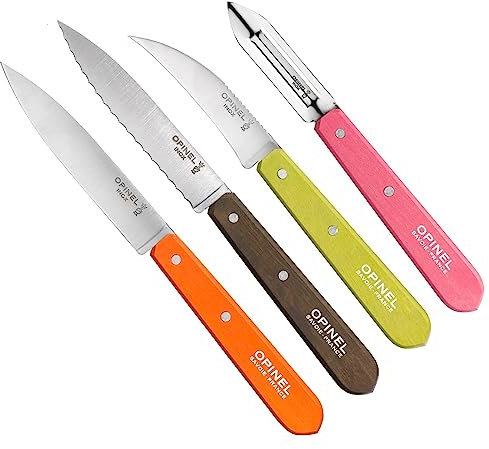 Opinel - Coffret de 4 Couteaux de Cuisine Les Essentiels Fifties - N°112 Office, N°113 Cranté, N°114 Légumes, N°115 Éplucheur - Mandarine, Poivre, Tilleul, Rose