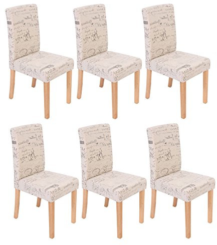 Mendler 6er-Set Esszimmerstuhl Stuhl Küchenstuhl Littau - Textil mit Schriftzug, Creme, helle Beine
