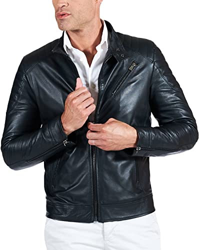 D'Arienzo - Giacca in Pelle Uomo Nera Trapuntata Made in Italy Vera Pelle Giacca Giubbotto Giubbino Moto Nero/50