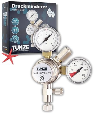 TUNZE Aquarien CO2 Druckminderer Doppelkammer I Gasdruckregler für Aquarium mit 2 Manometern I Feinnadelventil & Magnetventil 4/6 mm I Überdruckventil I präzise CO2-Dosierung