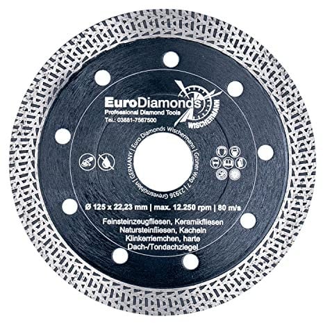 Profi Diamant Trennscheibe Granit SUPERCUT 125 mm Fliesenscheibe extra dünn für Handmaschinen Trennen und Schneiden von Naturstein Feinsteinzeug Fliesen Dachziegel extrem leichtläufig