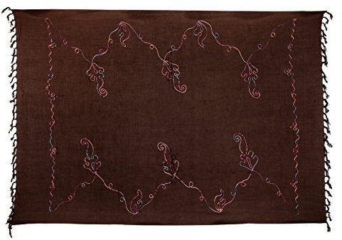 Kascha Sarong Pareo Wickelrock Strandtuch Tuch Wickeltuch Handtuch - Blickdicht - ca. 170cm x 110cm - Braun Einfarbig mit Bunter Stickerei Handgefertigt inkl. Kokos Schnalle in runder Form
