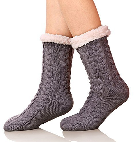 SDBING Women's Winter Super Soft Warm Cozy Fleece Lined Fuzzy Slipper Socks with Grippers (Dark Gray, 6-10)