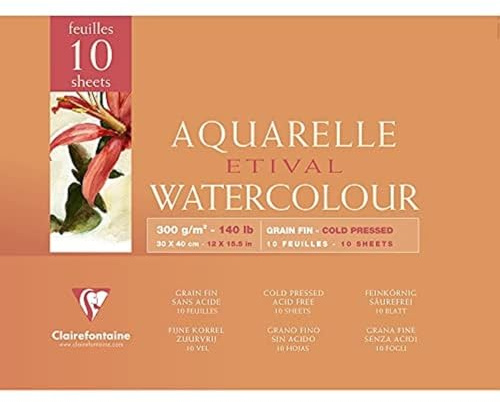 Clairefontaine 96572C Aquarellblock Etival (4-seitig verleimt, 10 Blatt, 300g, für alle Nasstechniken geeignet, feinkörnig, 100% Zellulose, 30 x 40 cm, 10 Blatt) weiß
