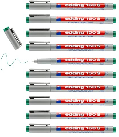 edding 150 S non-permanent pen - green - 10 pens - round nib 0.3 mm - pen for writing on glass, plastic, foils and smooth surfaces - quick-drying, can be corrected with water