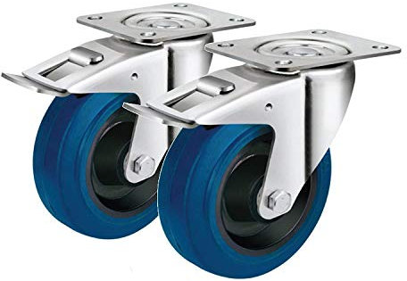 2 Transportrollen 125mm mit Elastik Reifen in blau Rollen-lager Platte drehbar Industrierolle 125 mm