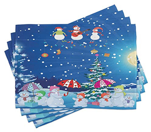 ABAKUHAUS Weihnachten Platzmatten, Schneemann-Party, Waschbare Stoff Esszimmer Küche Tischdekorations Digitaldruck, Blau Rot