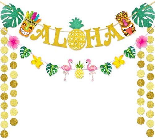 WERNNSAI Hawaii Party Dekorationen - Aloha Geburtstagsparty Deko Zubehör Kinder Sommer Palmen Ananas Flamingo Tropische Geburtstags Banner Flagge Goldene Luau Party Dekorationen